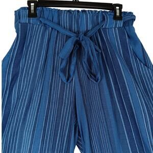 Indigo Rein Linen Blend Pants Women's Large 32X28 Blue Striped Wide Leg Beach